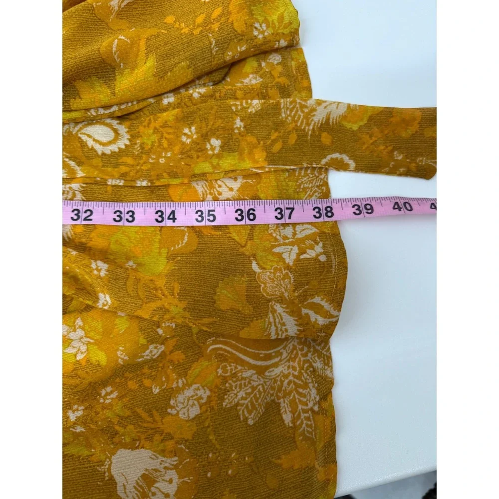 Tahari Floral Mini Dress 12 Mustard Yellow Lace Yoke Long Sleeve Boho Tiered - Picture 8 of 10